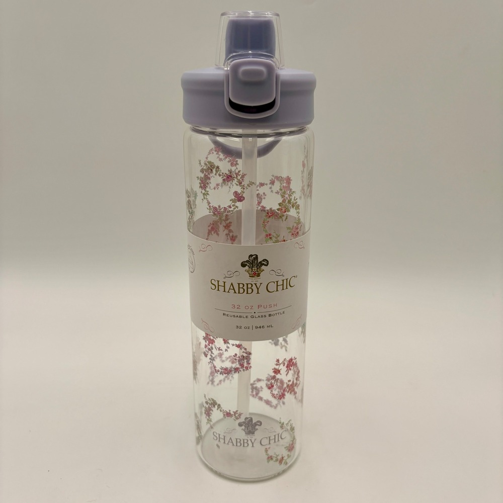 Rachel Ashwell Shabby Chic 32 oz Glass Water Bottle Floral Hearts Lavender Lid
